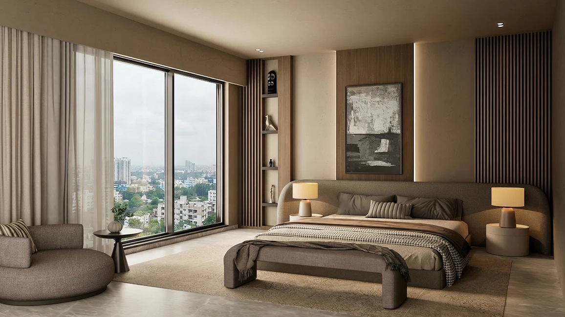 Spacious luxury master bedroom with refined finishes