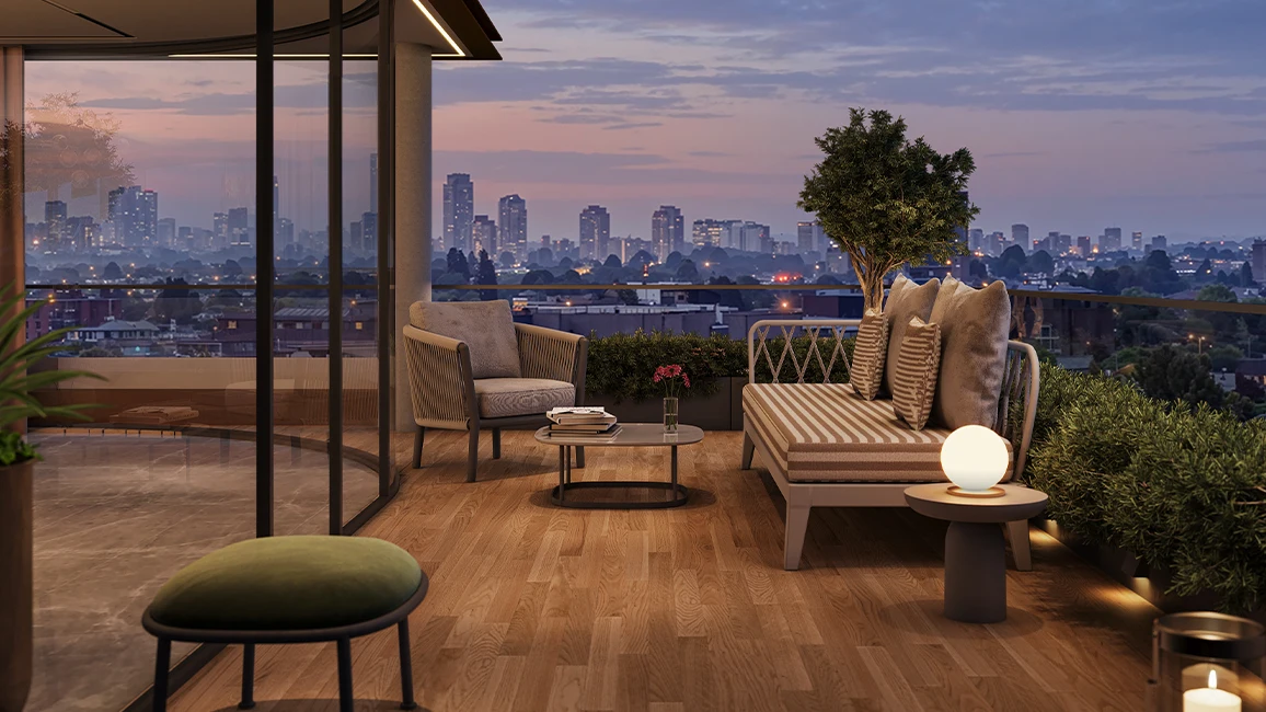 Elegant dining area with panoramic city skyline views